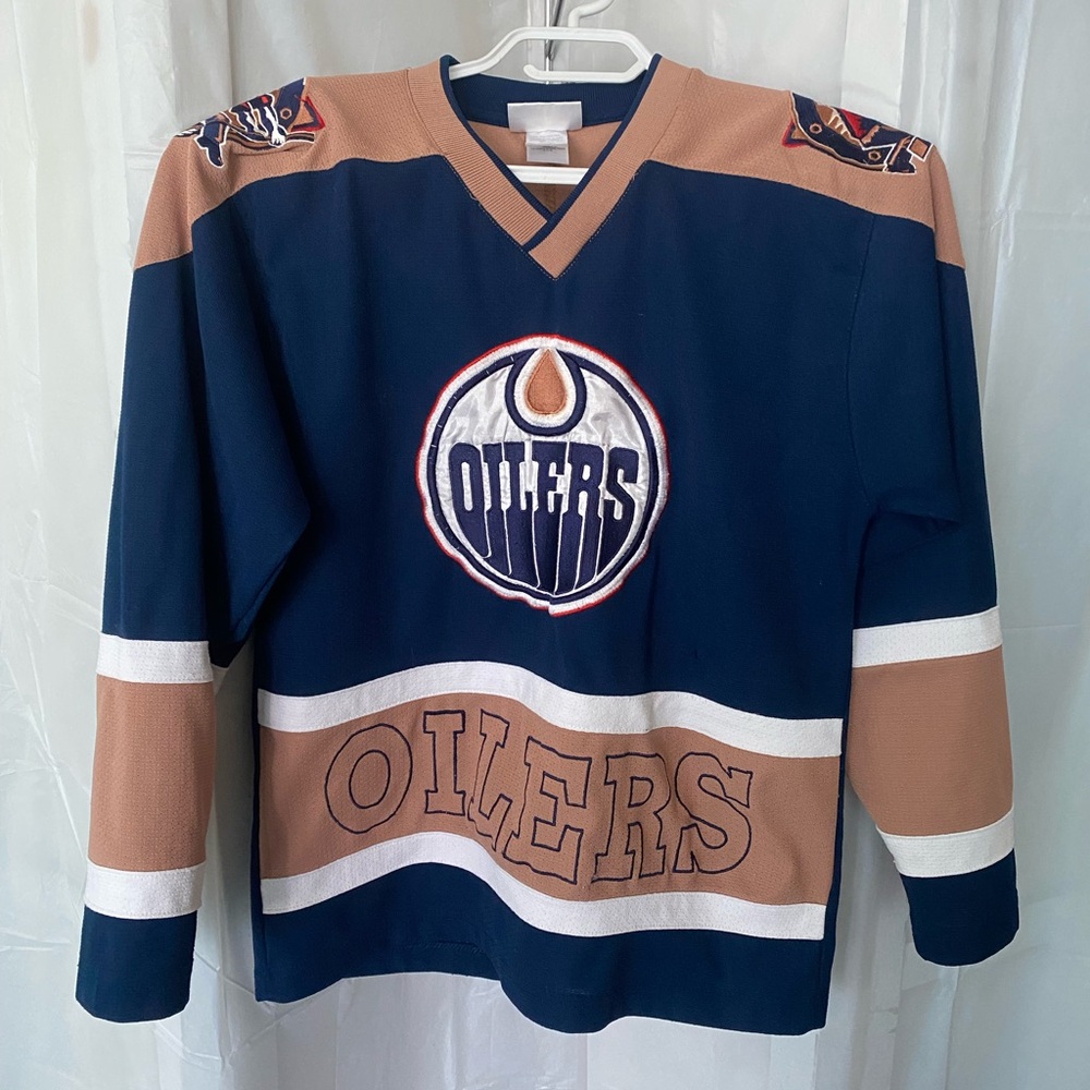 Kids Oilers Jersey in Navy and Tan hockey jersey